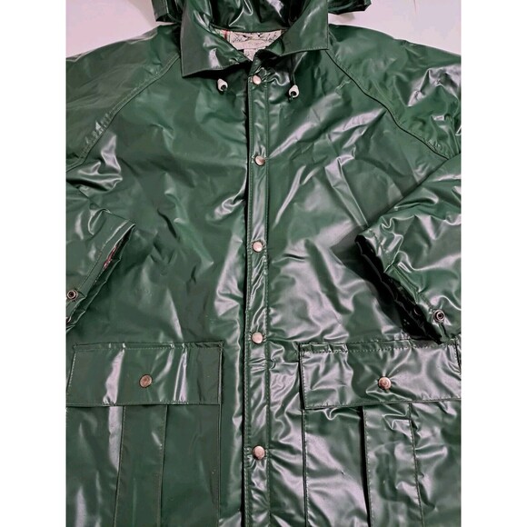 Duck Bay Raincoat PVC Rain Jacket Mens Medium Hooded Insulated Plaid Lined Green - Picture 4 of 12